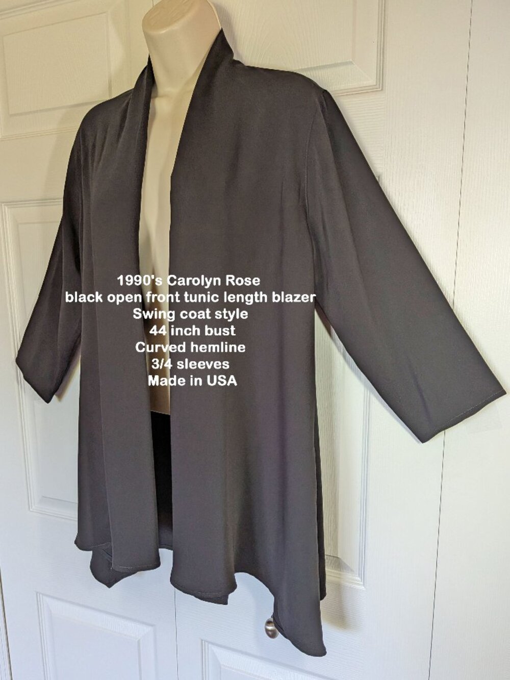 1990's Carolyn Rose black open front tunic blazer w/sales tag, A-line, Made USA
